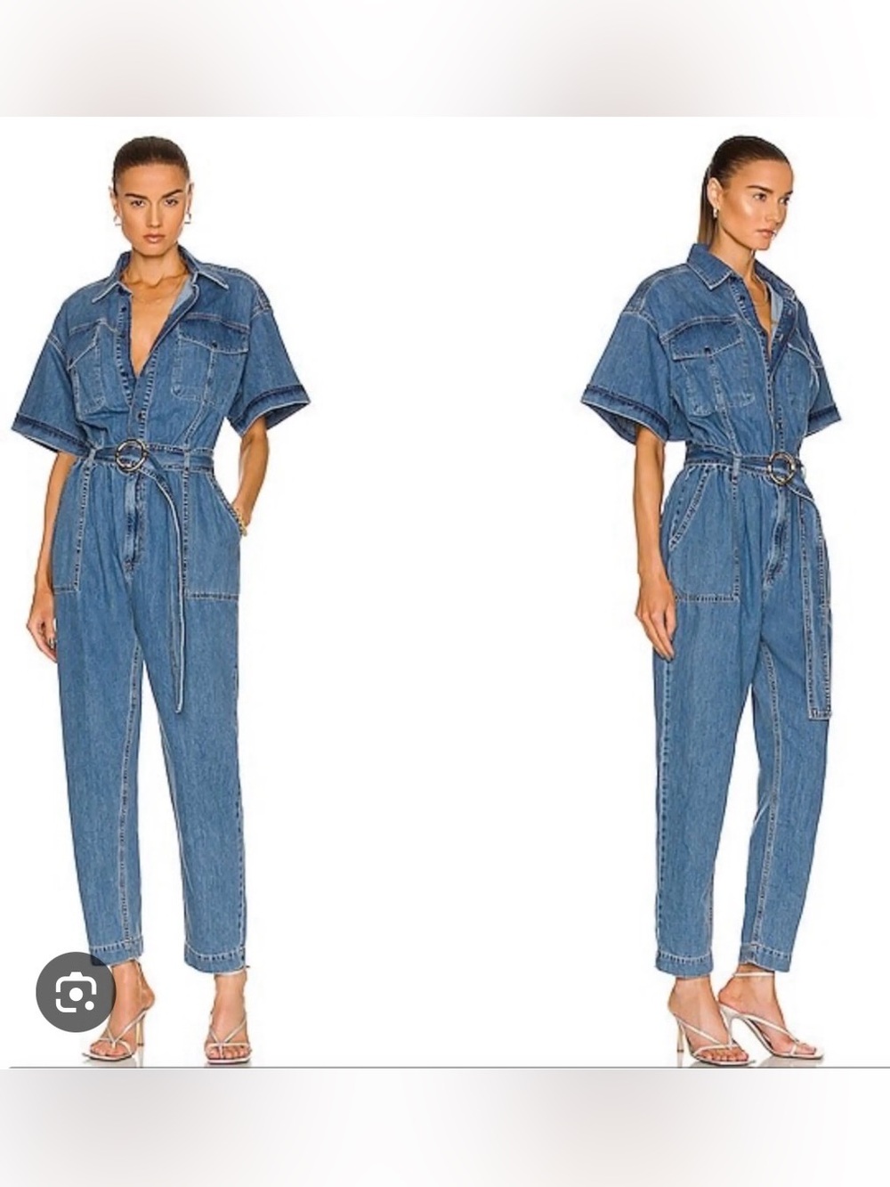 Frame Denim Blue Denim Short-Sleeve Jumpsuit with Belt